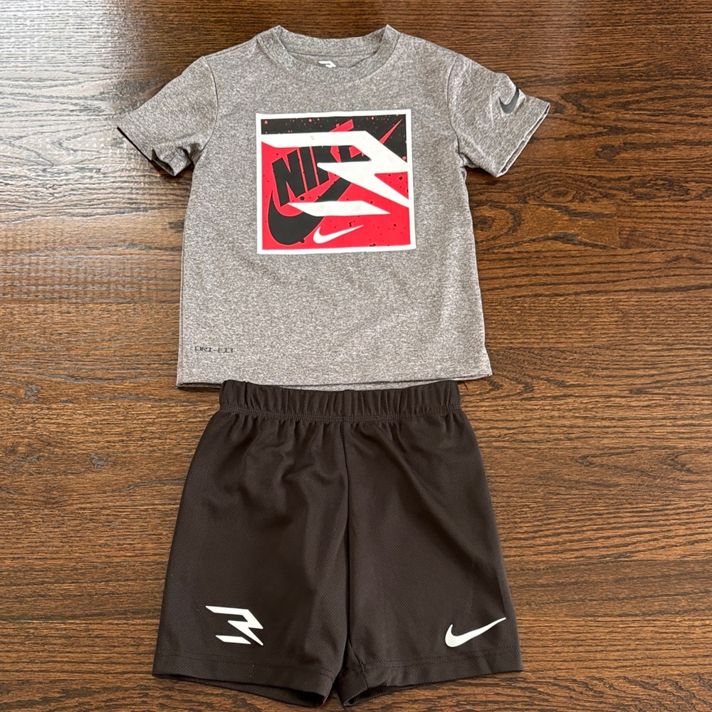 Nike Kids Gray and Black Matching Tee & Shorts Set with Red Logo